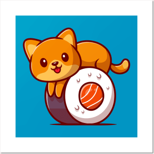 Cute Cat On Sushi Salmon Cartoon Posters and Art